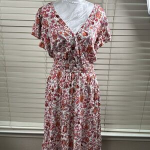 Knox Rose Dress Women's Medium Floral Midi Pink Orange V-Neck Boho Tiered Spring